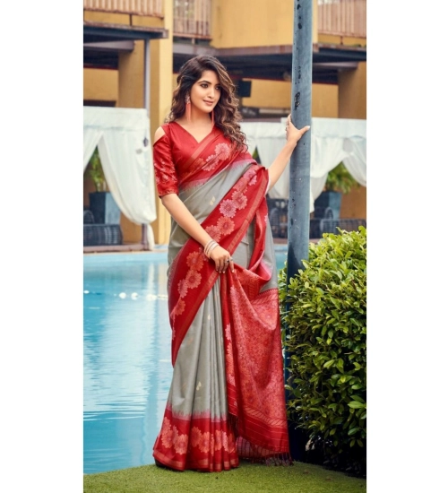 Women's Cotton Blend Printed Saree With Unstitched Blouse (Grey, 5-5 Mtrs)
