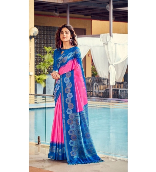 Women's Cotton Blend Printed Saree With Unstitched Blouse (Red, 5-5 Mtrs)