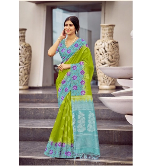 Women's Cotton Blend Printed Saree With Unstitched Blouse (Green, 5-5 Mtrs)