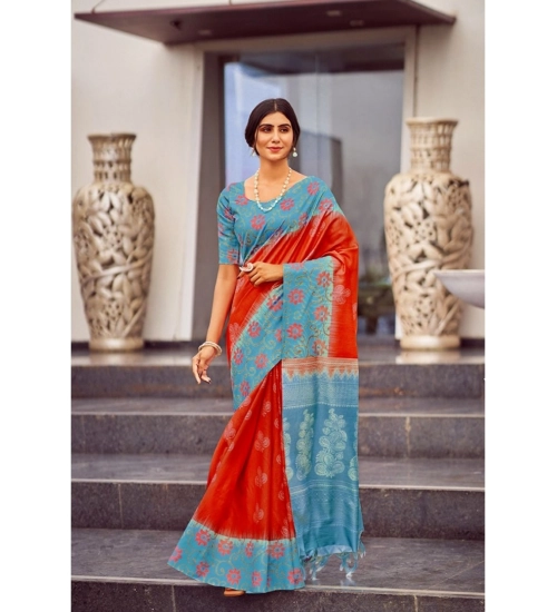 Women's Cotton Blend Printed Saree With Unstitched Blouse (Red, 5-5 Mtrs)