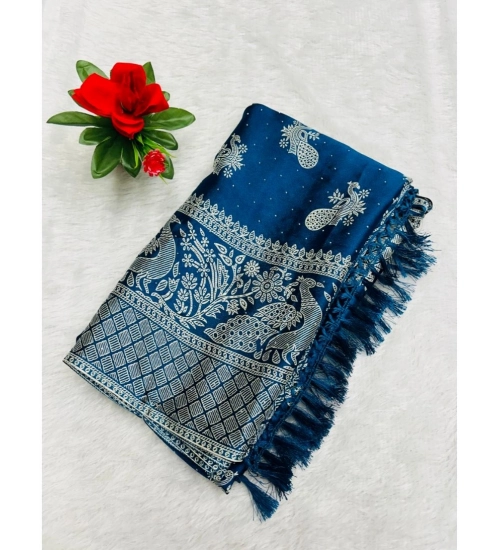 Women's Chiffon Printed Saree With Unstitched Blouse (Dark Blue, 5-5 Mtrs)