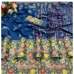 Women's Silk Blend Printed Saree With Unstitched Blouse (Blue, 5-5 Mtrs)