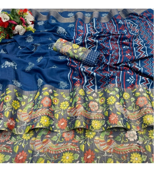 Women's Silk Blend Printed Saree With Unstitched Blouse (Blue, 5-5 Mtrs)