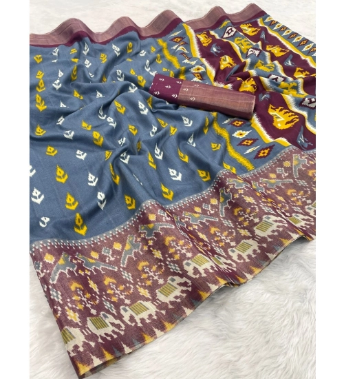 Women's Silk Blend Printed Saree With Unstitched Blouse (Grey, 5-5 Mtrs)