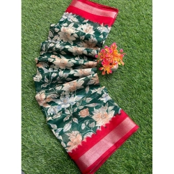 Women's linen Printed Saree With Unstitched Blouse (Green, 5-5 Mtrs)