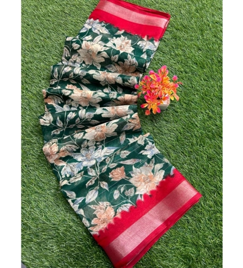 Women's linen Printed Saree With Unstitched Blouse (Green, 5-5 Mtrs)