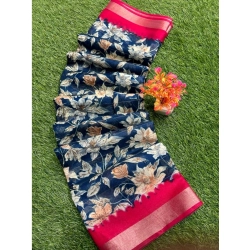 Women's linen Printed Saree With Unstitched Blouse (Teal, 5-5 Mtrs)