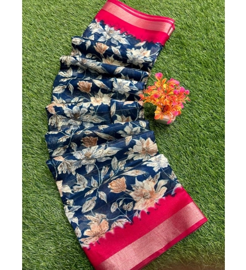 Women's linen Printed Saree With Unstitched Blouse (Teal, 5-5 Mtrs)