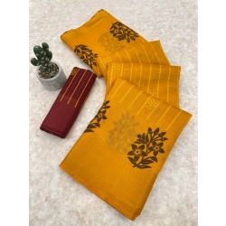 Women's Cotton Blend Printed Saree With Unstitched Blouse (Orange, 5-5 Mtrs)
