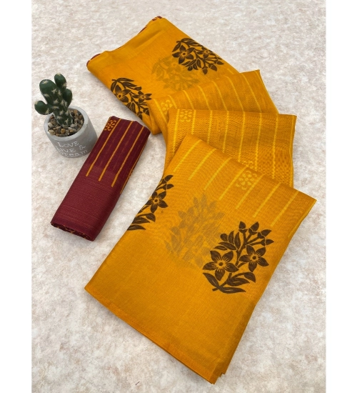 Women's Cotton Blend Printed Saree With Unstitched Blouse (Orange, 5-5 Mtrs)