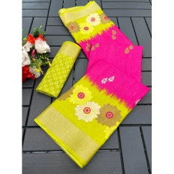 Women's Cotton Blend Printed Saree With Unstitched Blouse (Pink, 5-5 Mtrs)