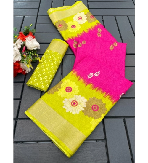 Women's Cotton Blend Printed Saree With Unstitched Blouse (Pink, 5-5 Mtrs)