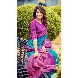 Women's Cotton Blend Printed Saree With Unstitched Blouse (Light Blue, 5-5 Mtrs)