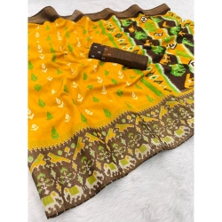 Women's Silk Blend Printed Saree With Unstitched Blouse (Yellow, 5-5 Mtrs)
