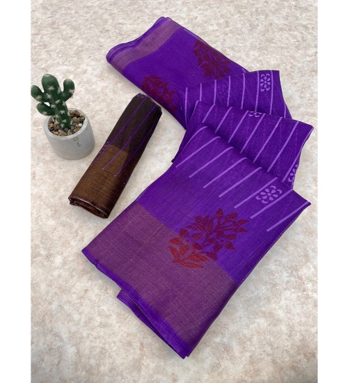 Women's Cotton Blend Printed Saree With Unstitched Blouse (Purple, 5-5 Mtrs)