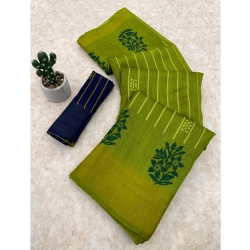 Women's Cotton Blend Printed Saree With Unstitched Blouse (Light Green, 5-5 Mtrs)