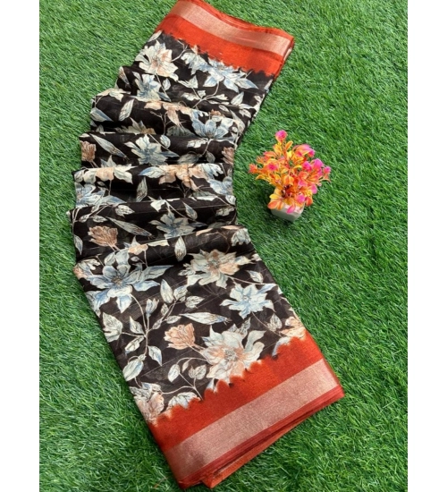 Women's linen Printed Saree With Unstitched Blouse (Black, 5-5 Mtrs)