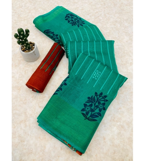 Women's Cotton Blend Printed Saree With Unstitched Blouse (Green, 5-5 Mtrs)