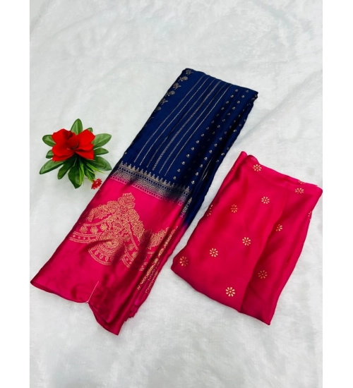 Women's Chiffon Printed Saree With Unstitched Blouse (Dark Blue, 5-5 Mtrs)