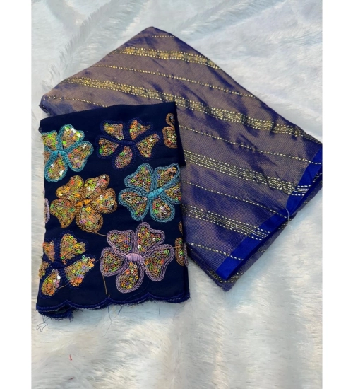 Women's Chiffon Printed Saree With Unstitched Blouse (Dark Blue, 5-5 Mtrs)
