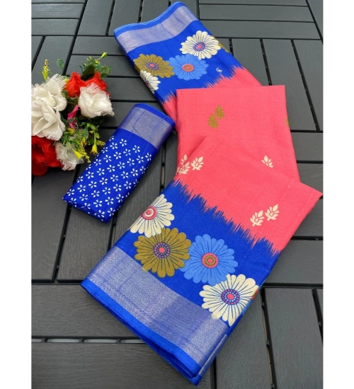 Women's Cotton Blend Printed Saree With Unstitched Blouse (Maroon, 5-5 Mtrs)