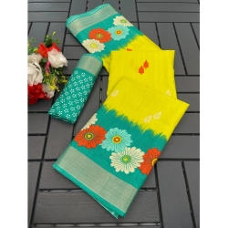 Women's Cotton Blend Printed Saree With Unstitched Blouse (Yellow, 5-5 Mtrs)