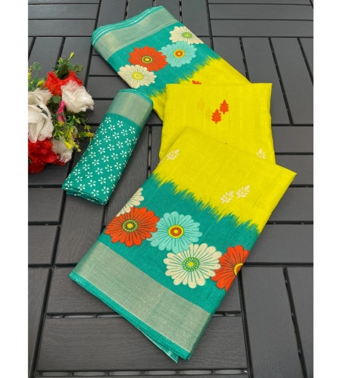 Women's Cotton Blend Printed Saree With Unstitched Blouse (Yellow, 5-5 Mtrs)