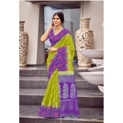 Women's Cotton Blend Printed Saree With Unstitched Blouse (Mehendi, 5-5 Mtrs)