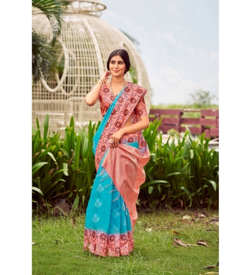 Women's Cotton Blend Printed Saree With Unstitched Blouse (Skyblue, 5-5 Mtrs)