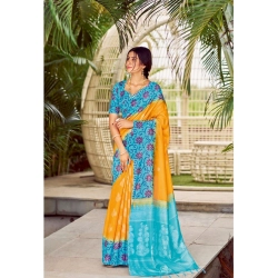 Women's Cotton Blend Printed Saree With Unstitched Blouse (Yellow, 5-5 Mtrs)