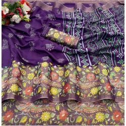 Women's Silk Blend Printed Saree With Unstitched Blouse (Purple, 5-5 Mtrs)