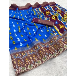 Women's Silk Blend Printed Saree With Unstitched Blouse (Blue, 5-5 Mtrs)