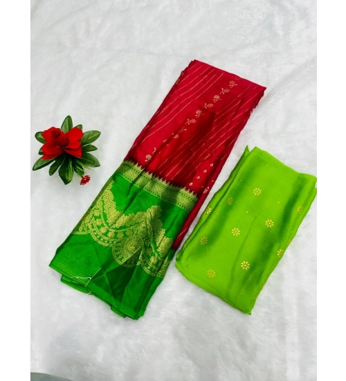 Women's Chiffon Printed Saree With Unstitched Blouse (Red, 5-5 Mtrs)