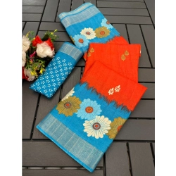 Women's Cotton Blend Printed Saree With Unstitched Blouse (Red, 5-5 Mtrs)