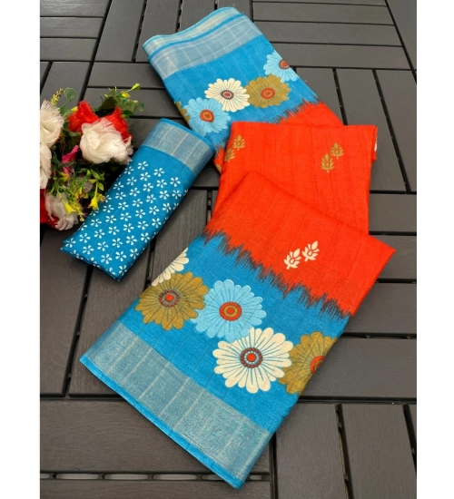 Women's Cotton Blend Printed Saree With Unstitched Blouse (Red, 5-5 Mtrs)