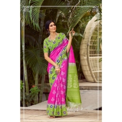 Women's Cotton Blend Printed Saree With Unstitched Blouse (Pink, 5-5 Mtrs)