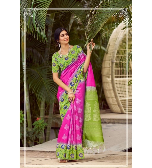 Women's Cotton Blend Printed Saree With Unstitched Blouse (Pink, 5-5 Mtrs)