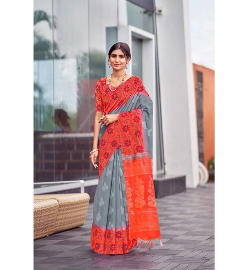 Women's Cotton Blend Printed Saree With Unstitched Blouse (Grey, 5-5 Mtrs)