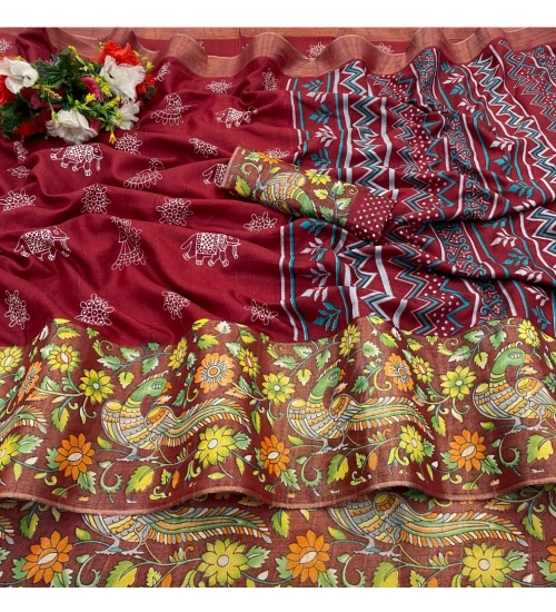 Women's Silk Blend Printed Saree With Unstitched Blouse (Red, 5-5 Mtrs)