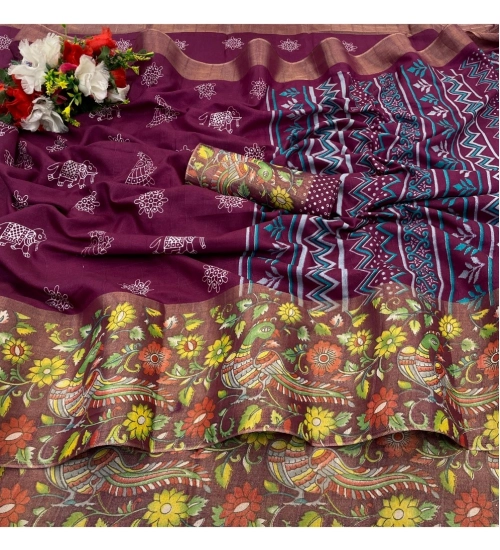Women's Silk Blend Printed Saree With Unstitched Blouse (Lavender, 5-5 Mtrs)