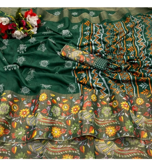 Women's Silk Blend Printed Saree With Unstitched Blouse (Green, 5-5 Mtrs)