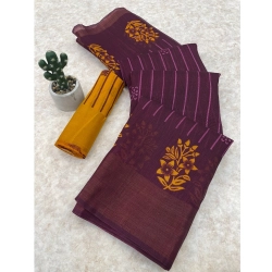 Women's Cotton Blend Printed Saree With Unstitched Blouse (Magenta, 5-5 Mtrs)