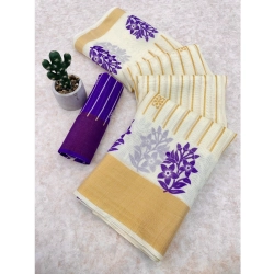 Women's Cotton Blend Printed Saree With Unstitched Blouse (White, 5-5 Mtrs)