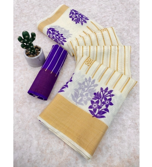 Women's Cotton Blend Printed Saree With Unstitched Blouse (White, 5-5 Mtrs)