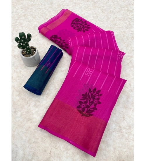 Women's Cotton Blend Printed Saree With Unstitched Blouse (Pink, 5-5 Mtrs)