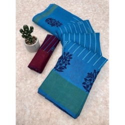 Women's Cotton Blend Printed Saree With Unstitched Blouse (Blue, 5-5 Mtrs)