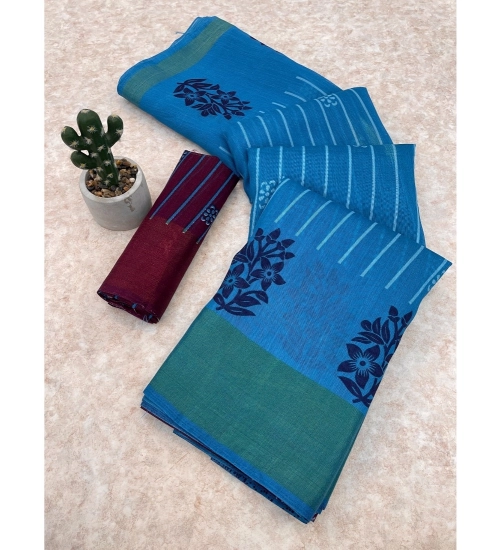 Women's Cotton Blend Printed Saree With Unstitched Blouse (Blue, 5-5 Mtrs)