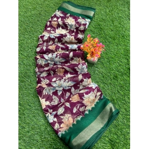 Generic Women's linen Printed Saree With Unstitched Blouse (Magenta, 5-5 Mtrs)