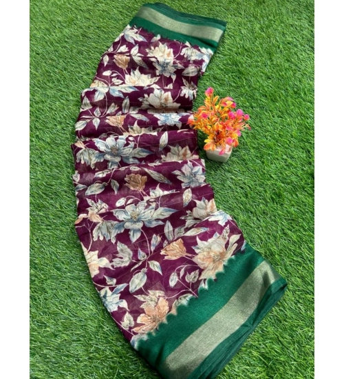 Women's linen Printed Saree With Unstitched Blouse (Magenta, 5-5 Mtrs)