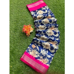 Women's linen Printed Saree With Unstitched Blouse (Blue, 5-5 Mtrs)